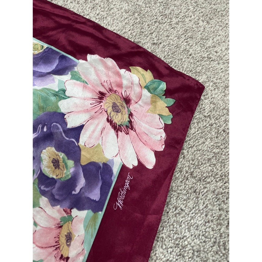 Worthington Scarf Womens 100% Silk Floral Purple Maroon Square Sheer Fairy Core - Picture 4 of 8